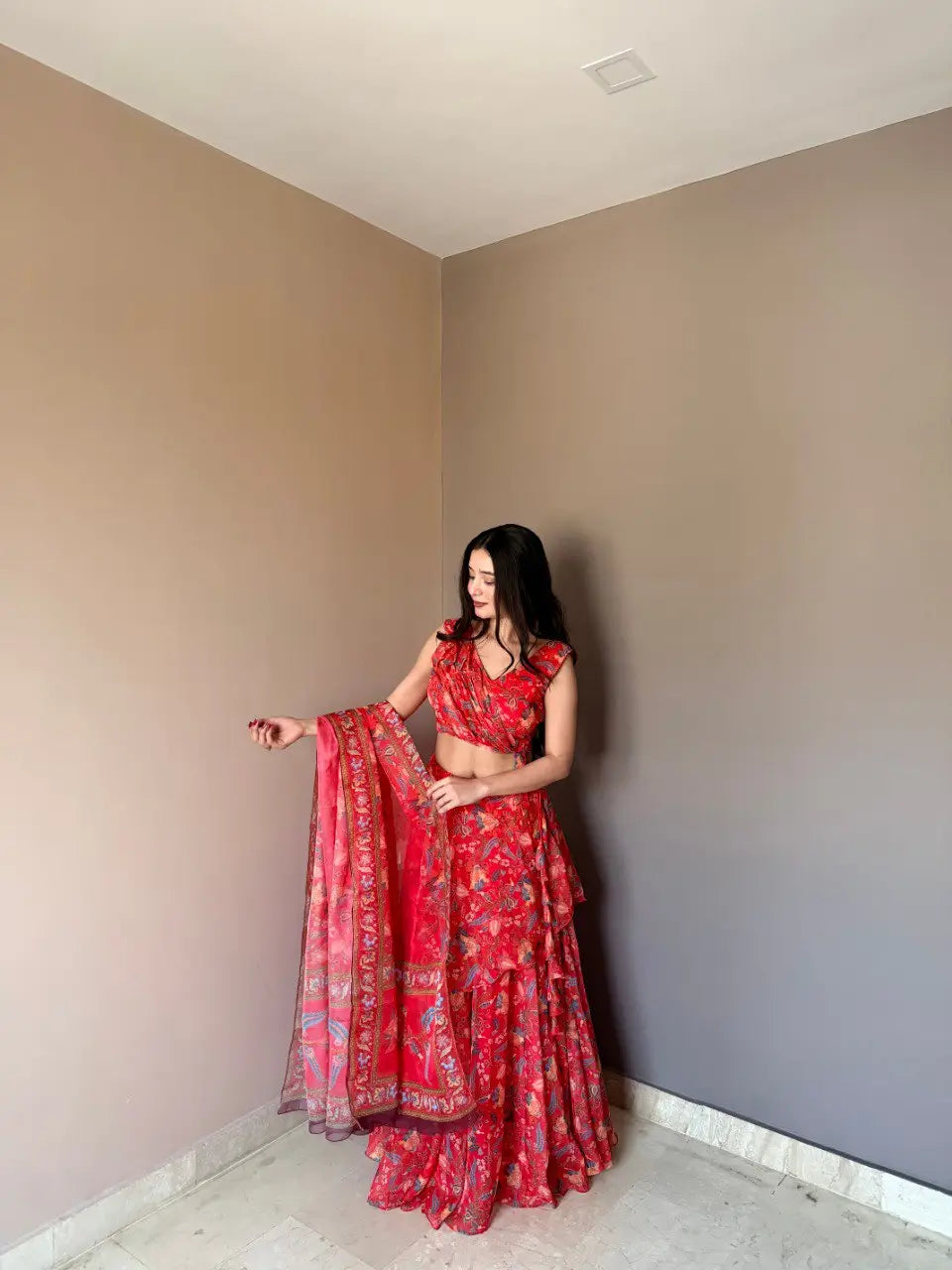 Floral Print Georgette Lehenga Set