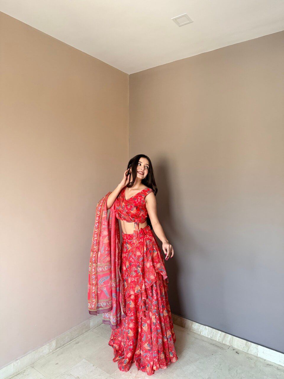 Floral Print Georgette Lehenga Set