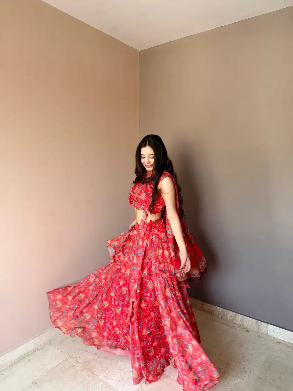 Floral Print Georgette Lehenga Set