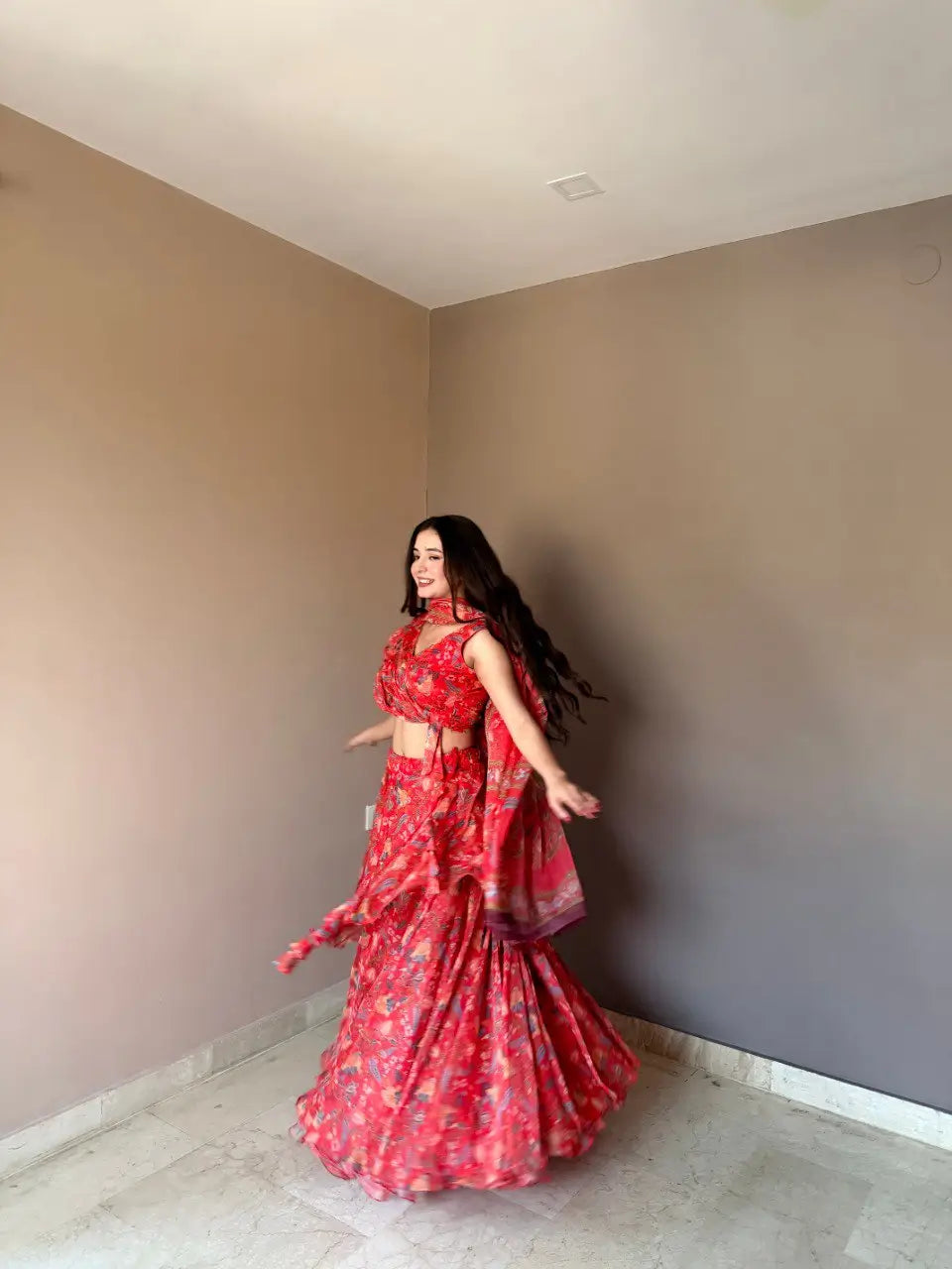 Floral Print Georgette Lehenga Set