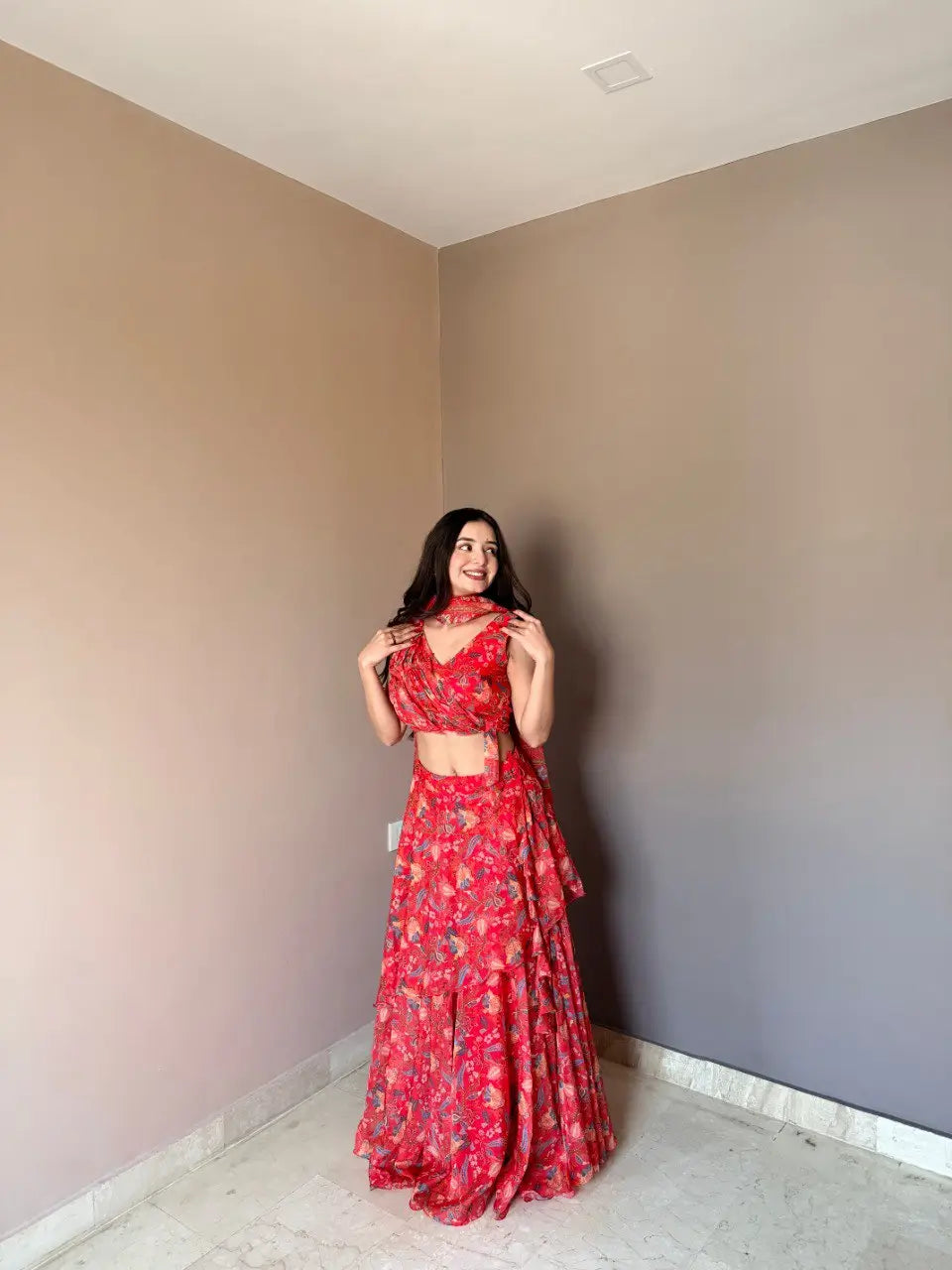 Floral Print Georgette Lehenga Set
