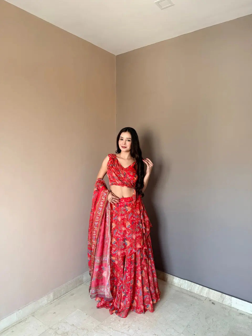 Floral Print Georgette Lehenga Set