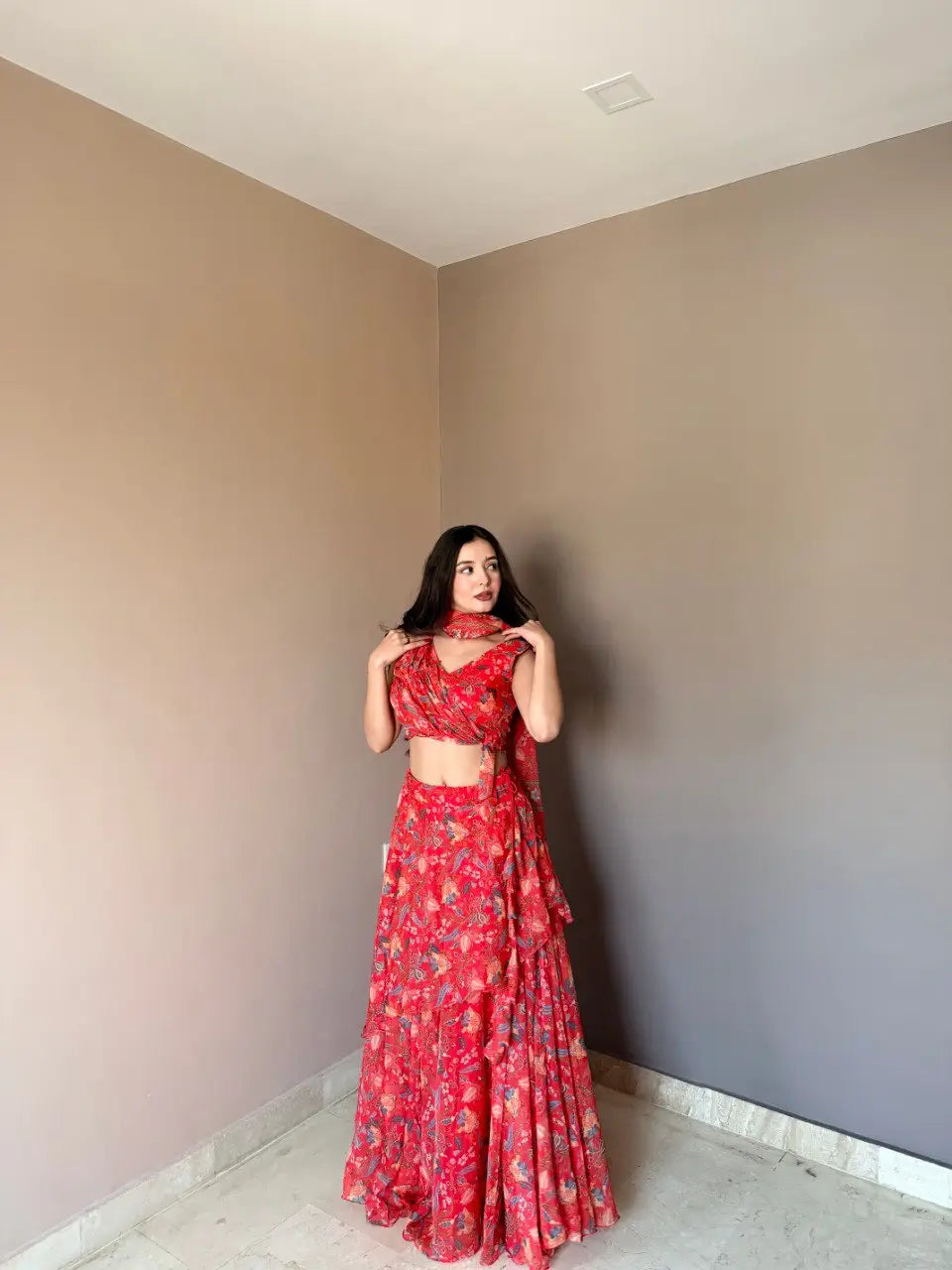 Floral Print Georgette Lehenga Set