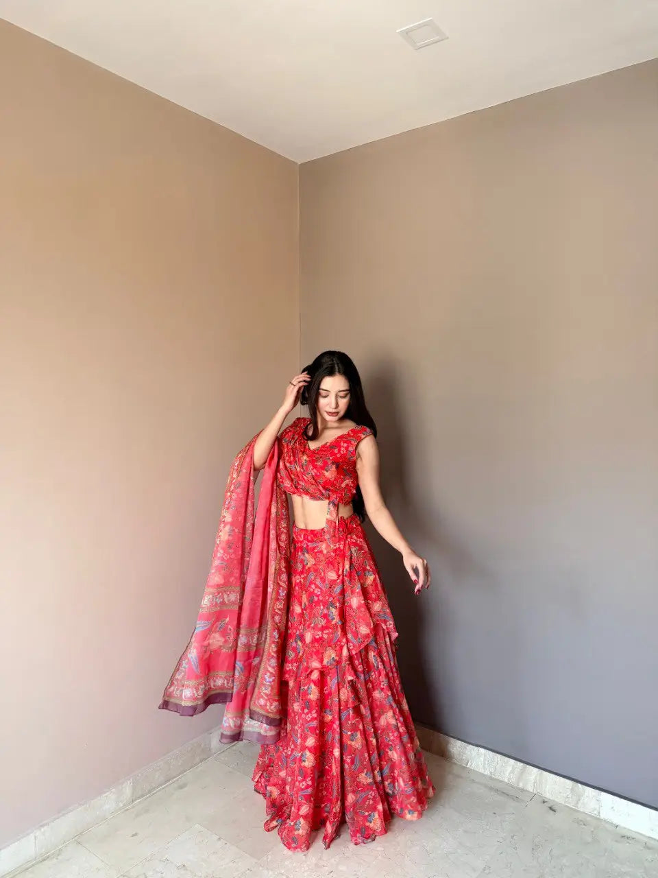 Floral Print Georgette Lehenga Set