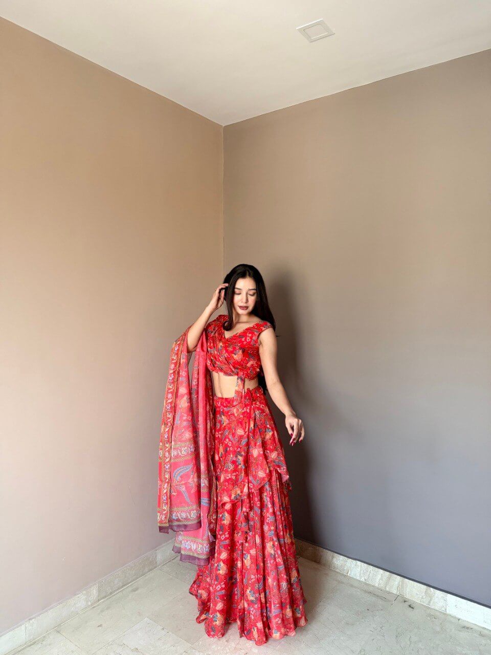 Floral Print Georgette Lehenga Set