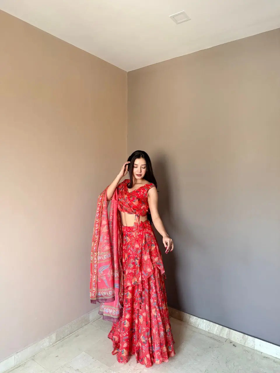 Floral Print Georgette Lehenga Set