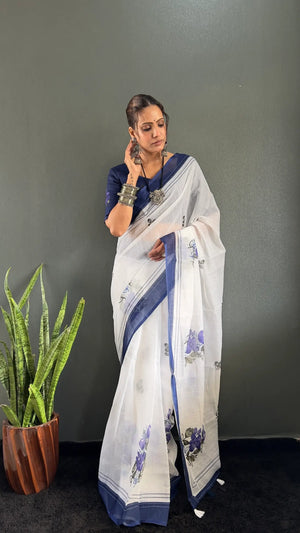 Floral Print Linen Saree