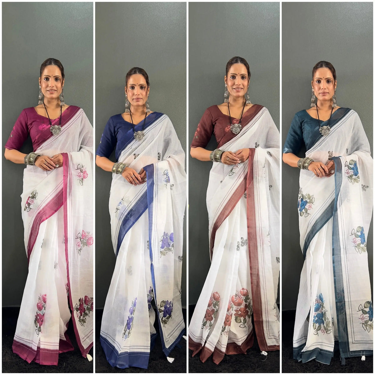 Floral Print Linen Saree