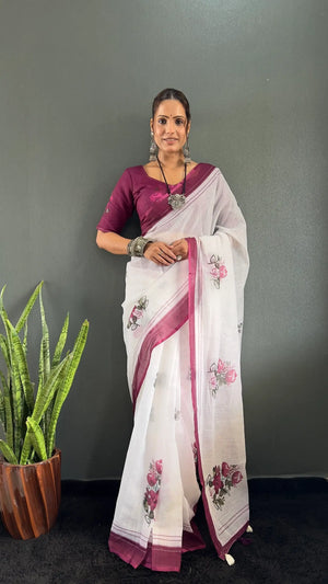 Floral Print Linen Saree
