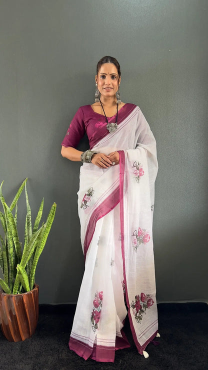 Floral Print Linen Saree