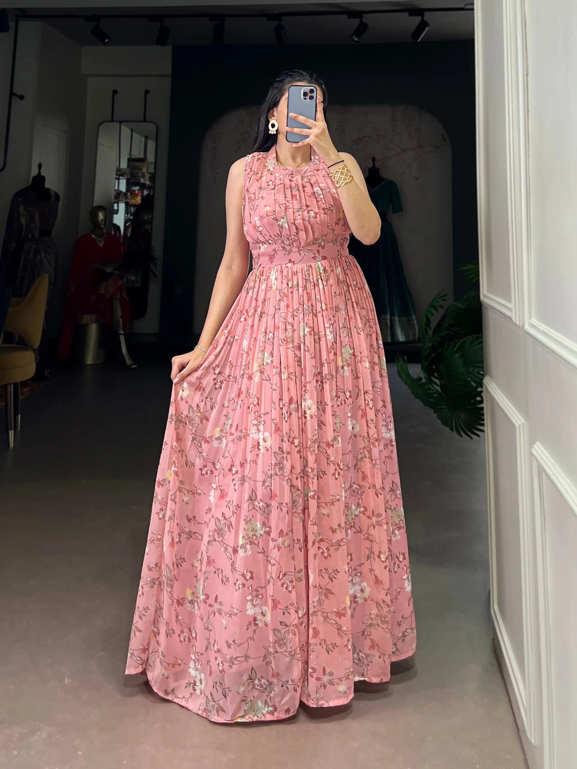 Floral Print Marble Fabric Maxi Dress
