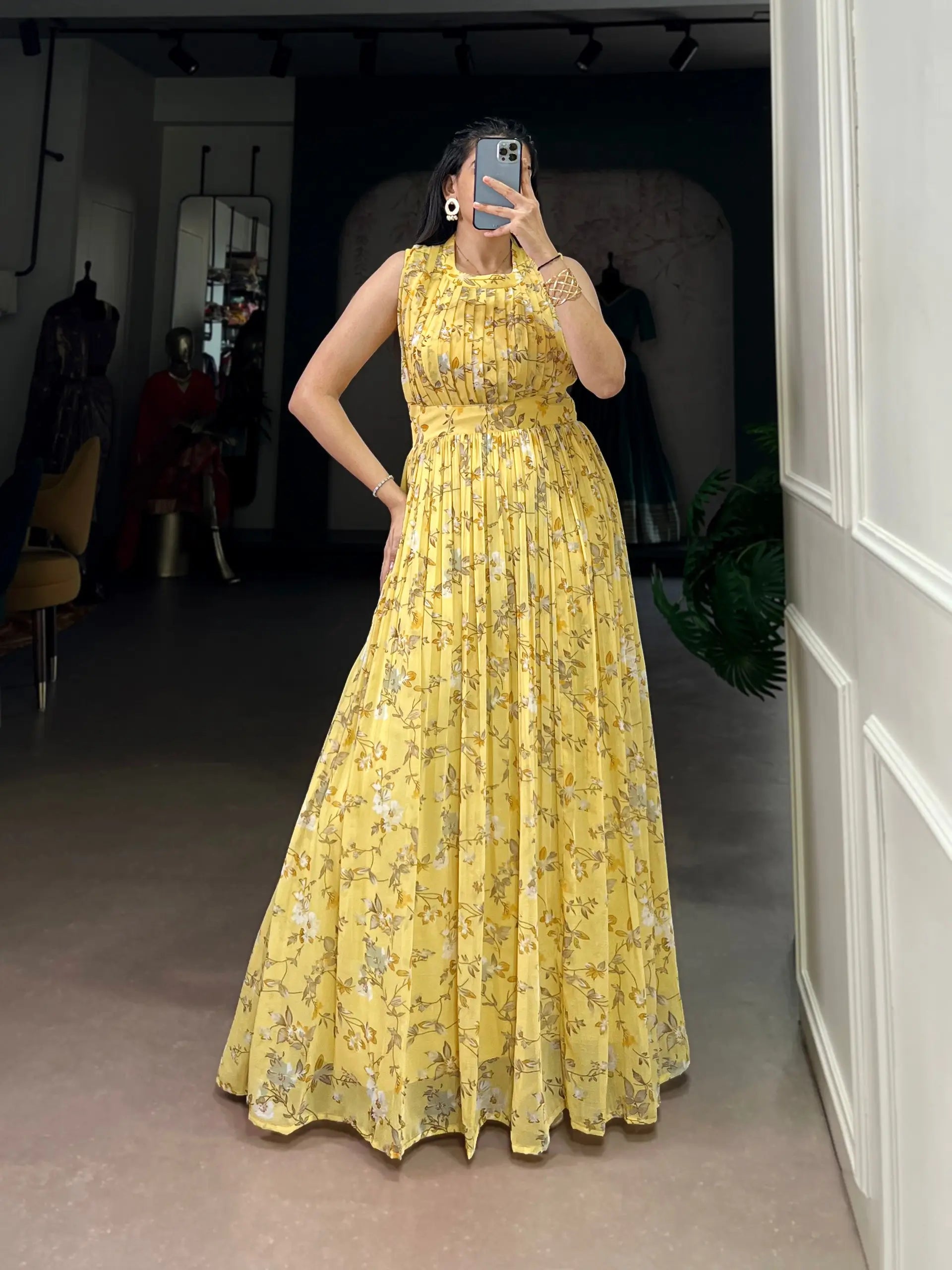 Floral Print Marble Fabric Maxi Dress