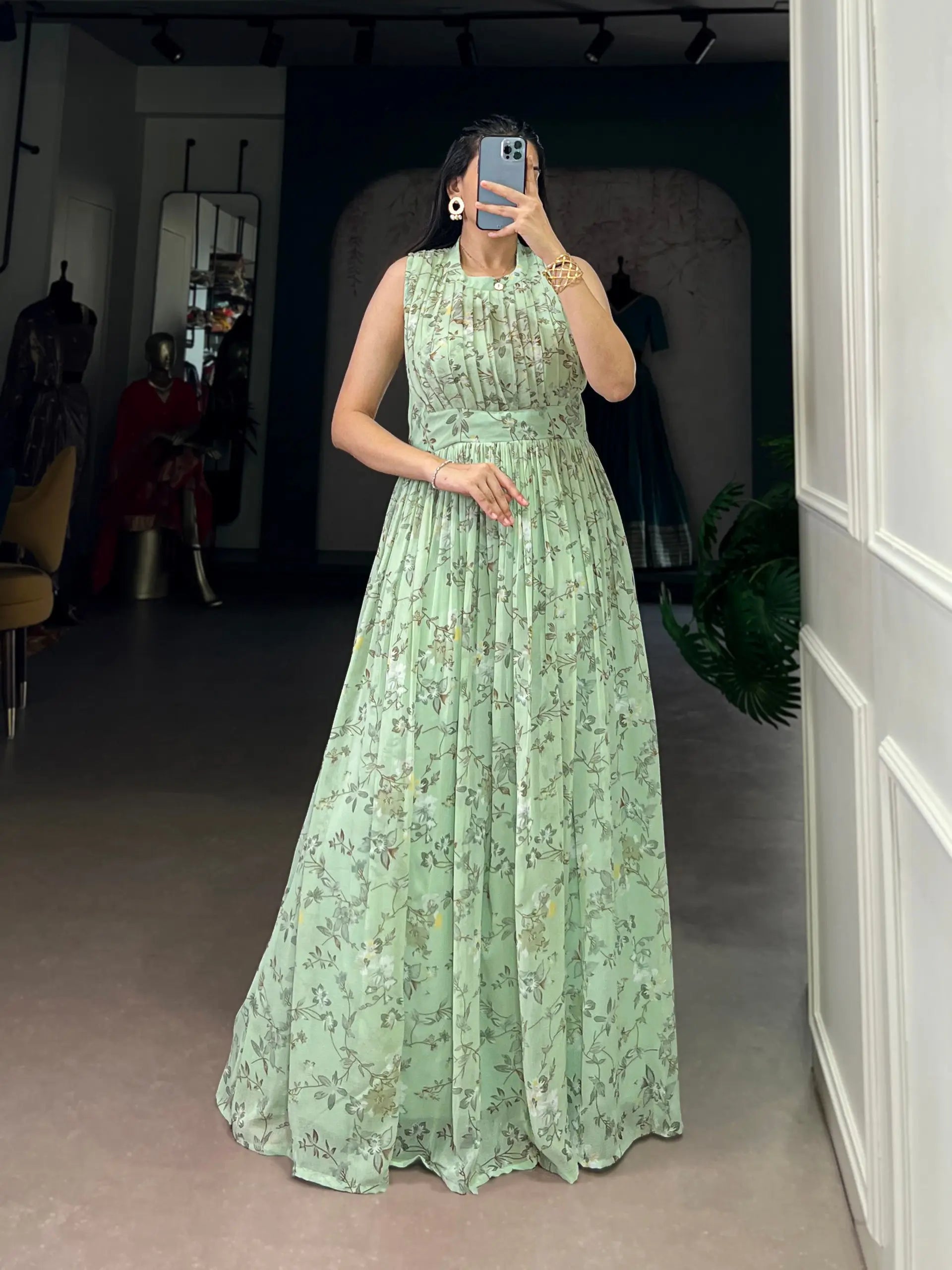 Floral Print Marble Fabric Maxi Dress