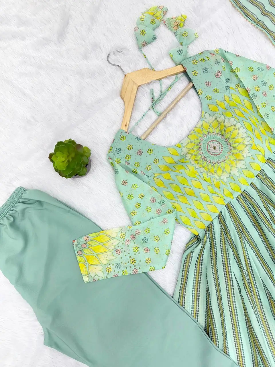 Floral Print Organza Anarkali Gown Set with Dupatta