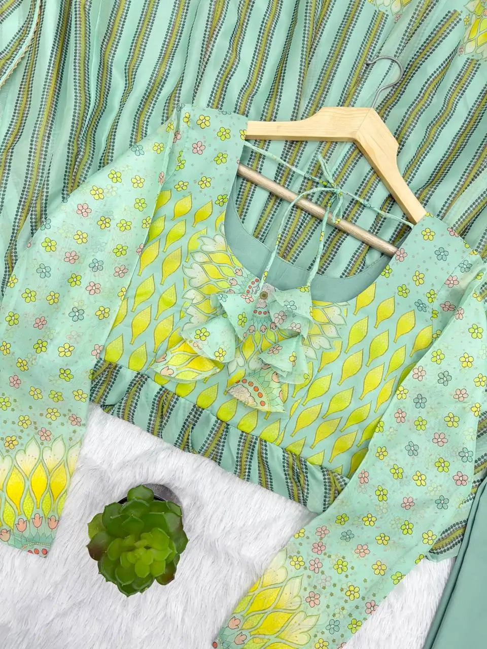 Floral Print Organza Anarkali Gown Set with Dupatta