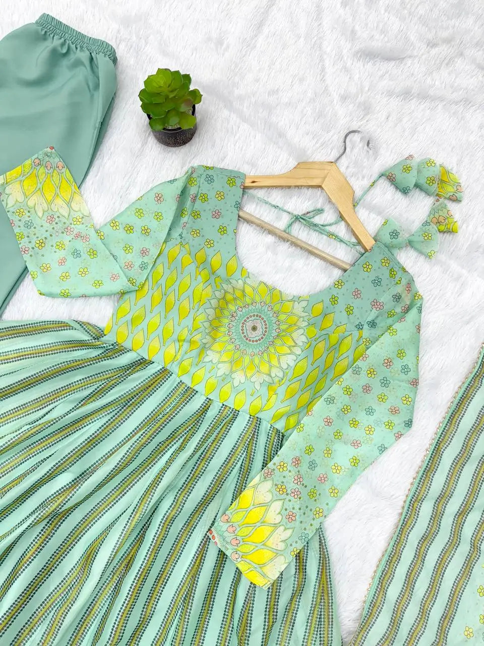 Floral Print Organza Anarkali Gown Set with Dupatta