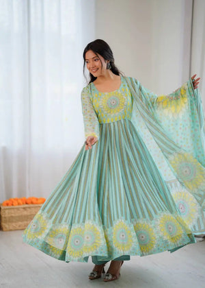 Floral Print Organza Anarkali Gown Set with Dupatta