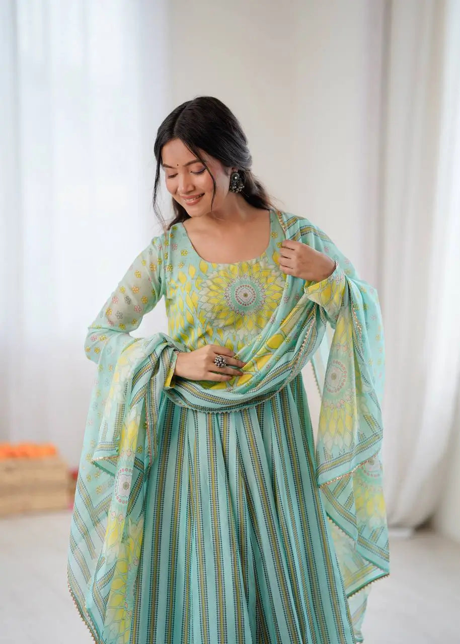 Floral Print Organza Anarkali Gown Set with Dupatta