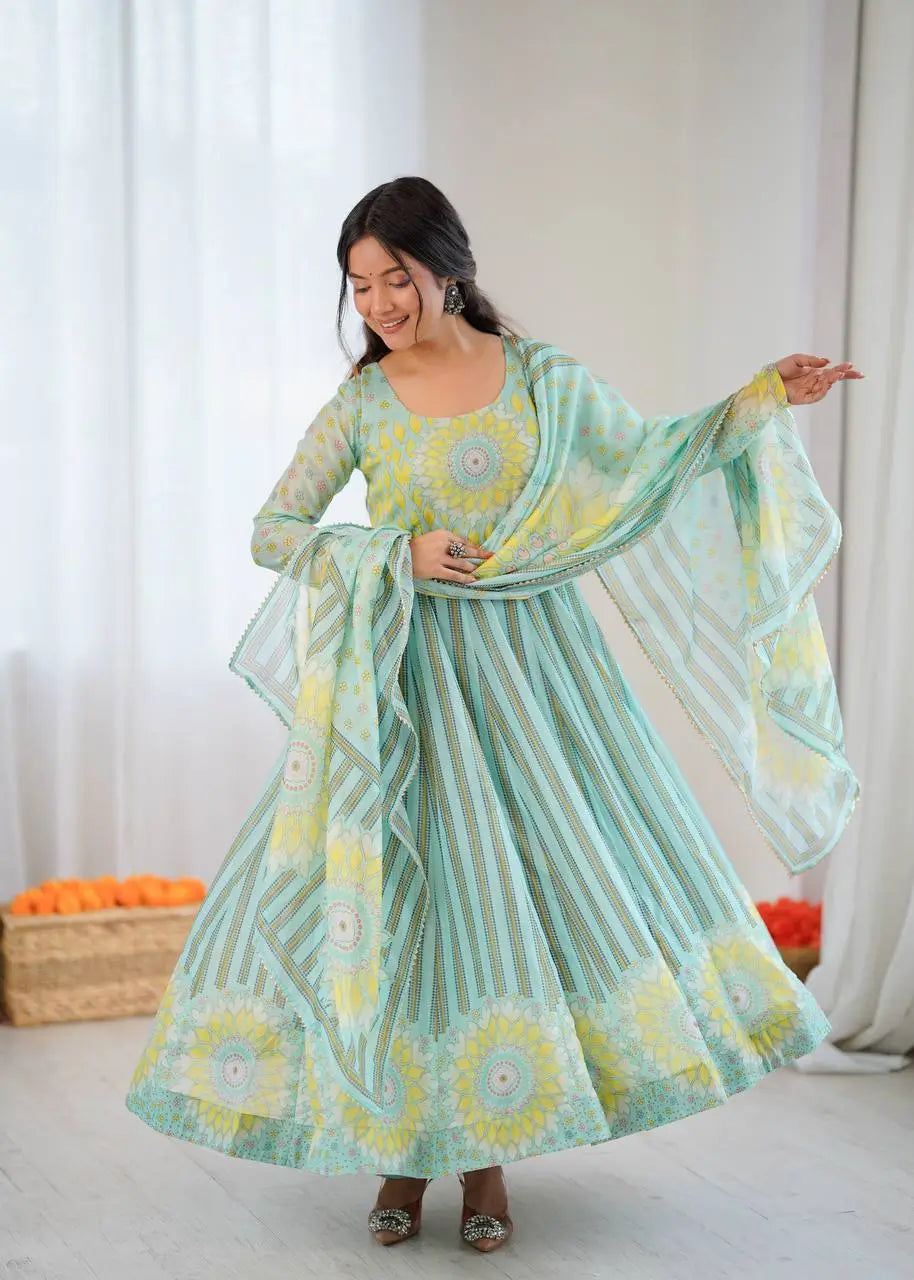 Floral Print Organza Anarkali Gown Set with Dupatta