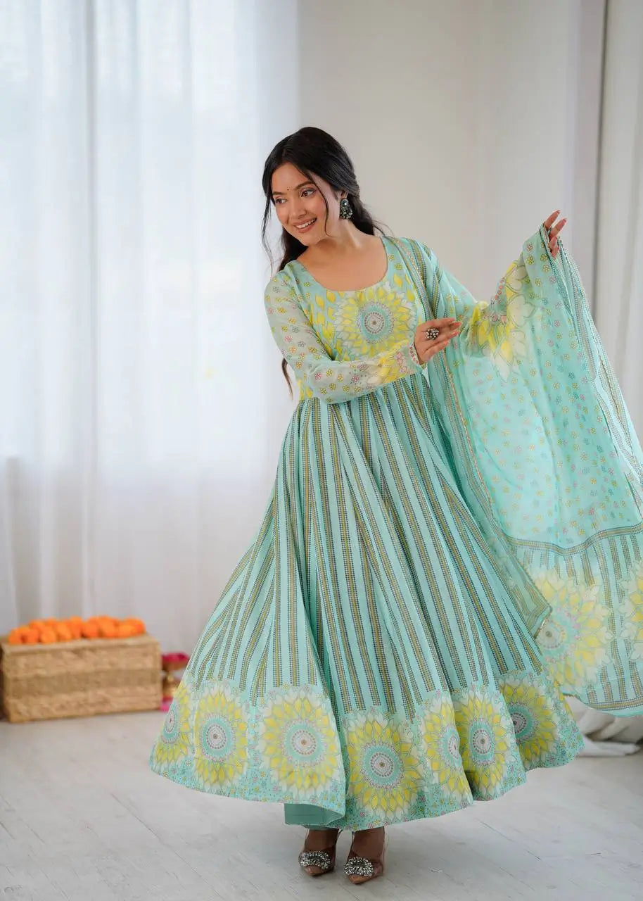 Floral Print Organza Anarkali Gown Set with Dupatta