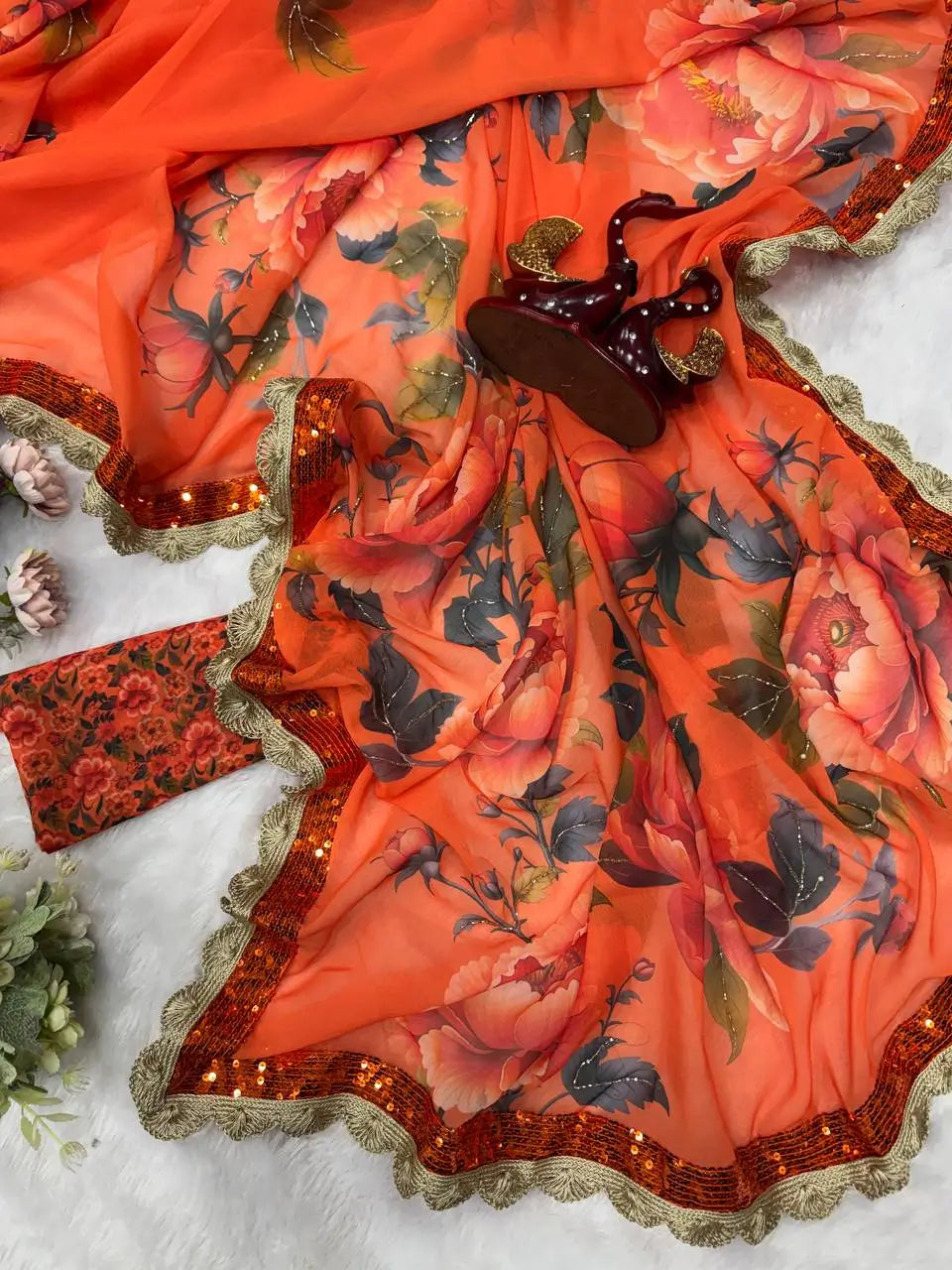 Floral Printed Georgette Saree for Festive and Party Wear
