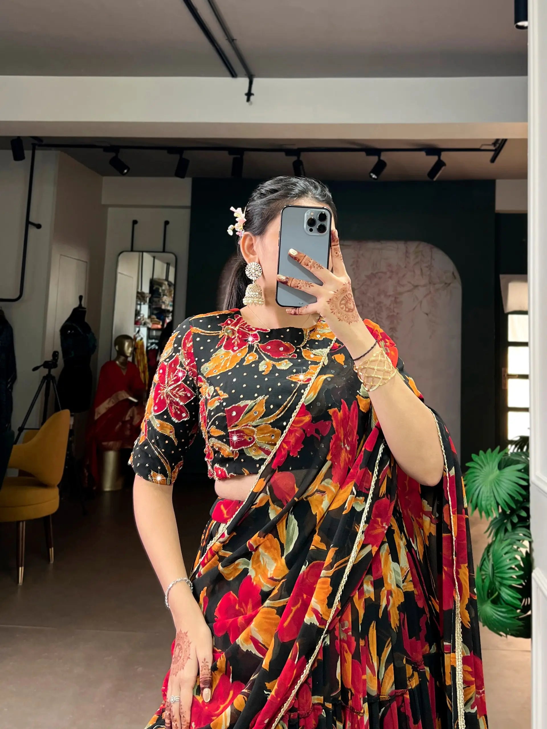 Floral Printed Marble Lehenga Set with Dupatta