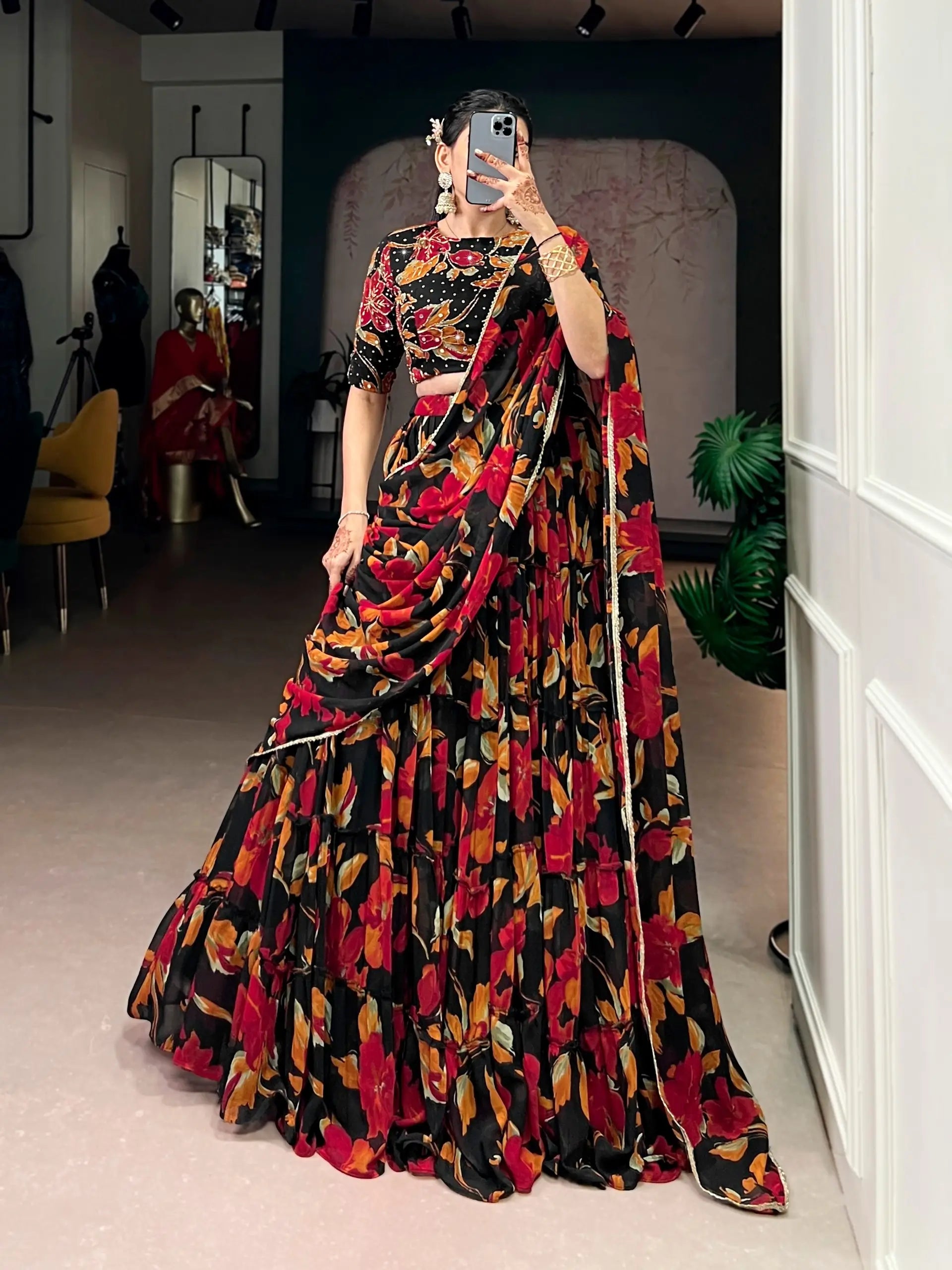 Floral Printed Marble Lehenga Set with Dupatta