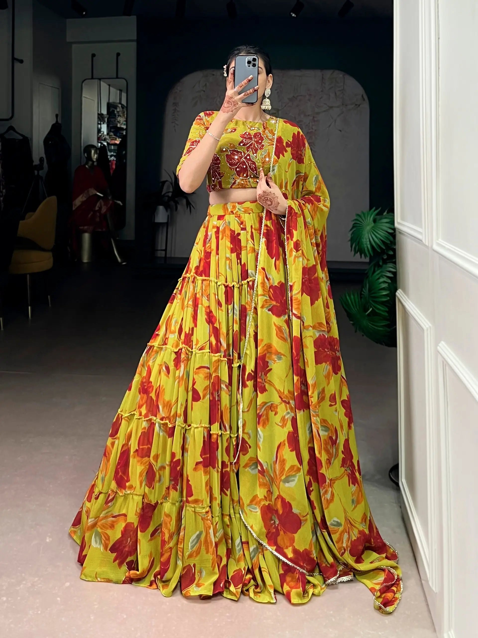 Floral Printed Marble Lehenga Set with Dupatta