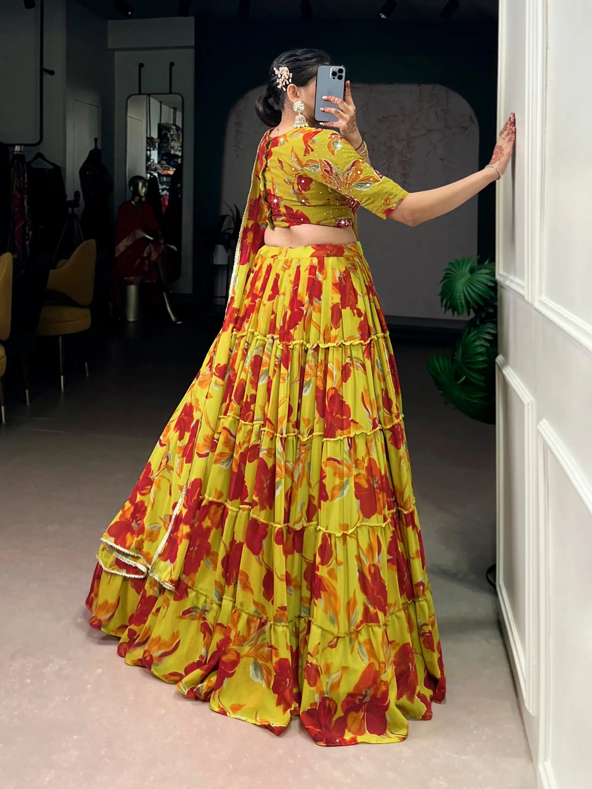 Floral Printed Marble Lehenga Set with Dupatta