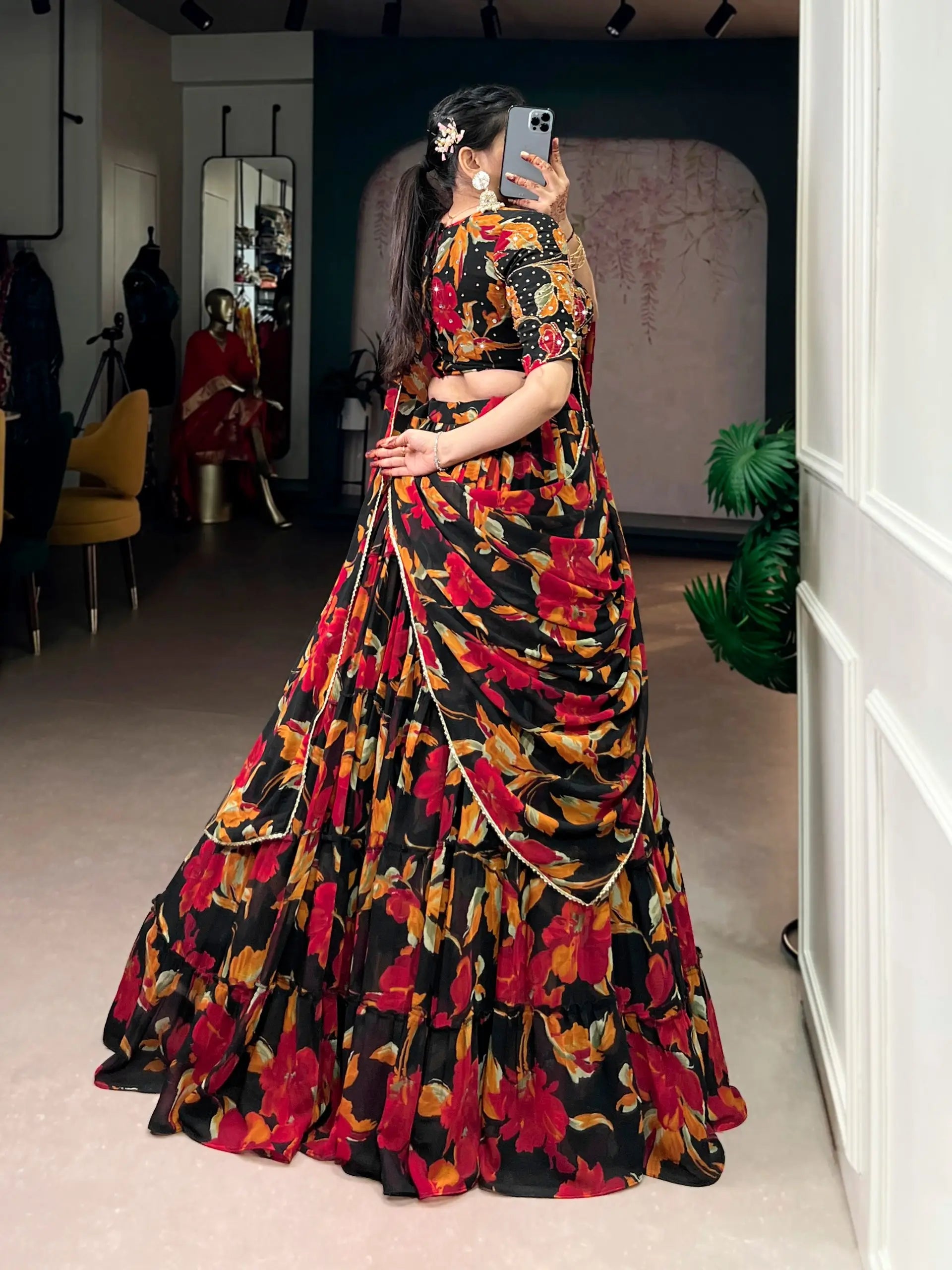 Floral Printed Marble Lehenga Set with Dupatta