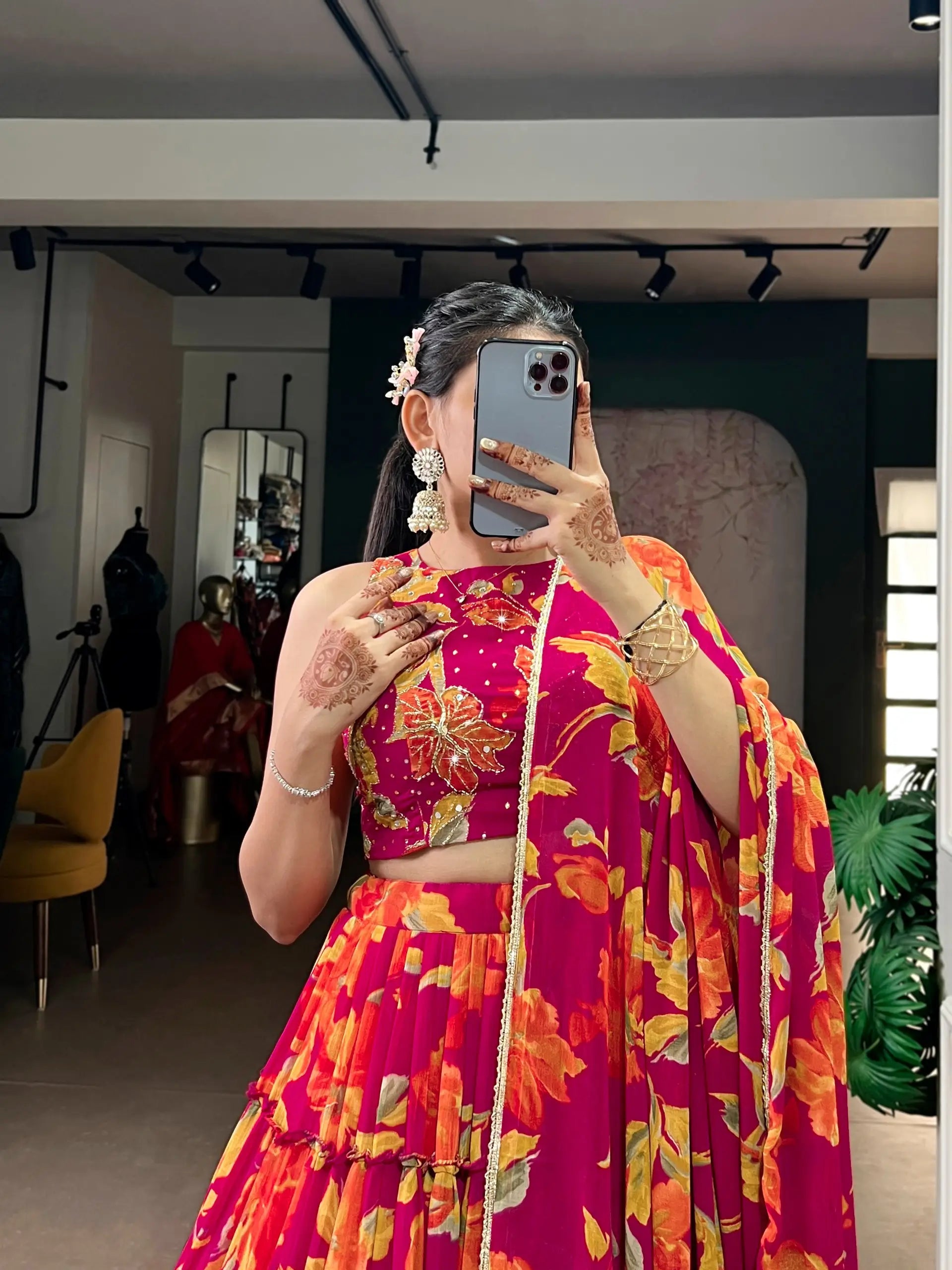 Floral Printed Marble Lehenga Set with Dupatta