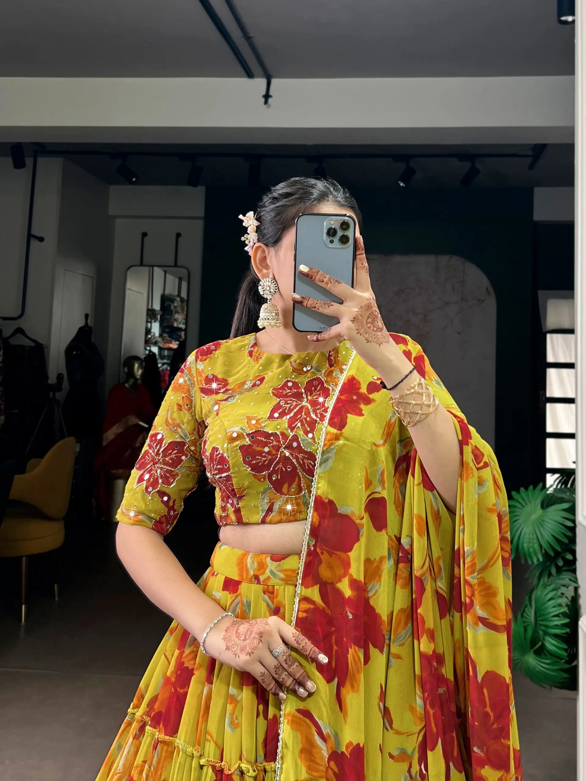 Floral Printed Marble Lehenga Set with Dupatta
