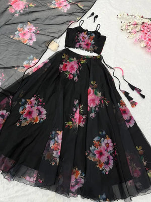 Floral Printed Organza Silk Lehenga Set with Dupatta