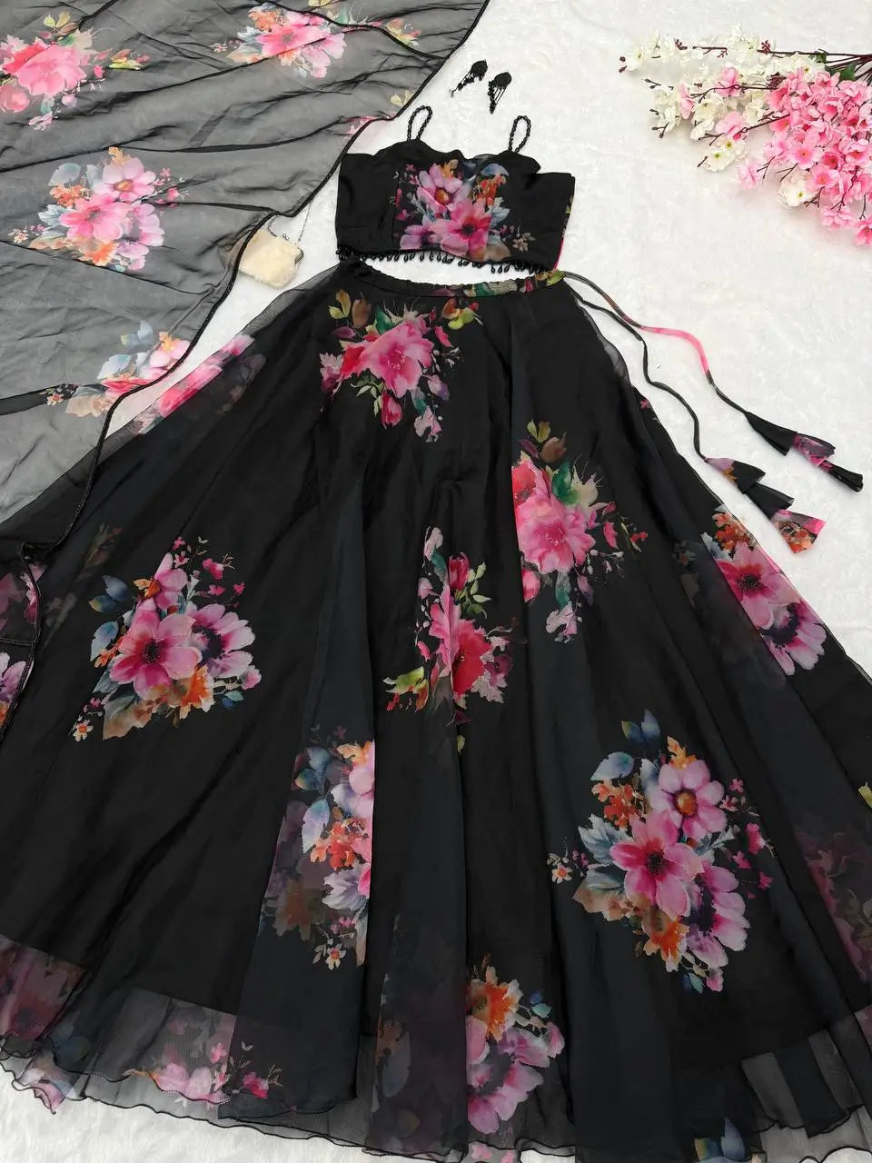 Floral Printed Organza Silk Lehenga Set with Dupatta