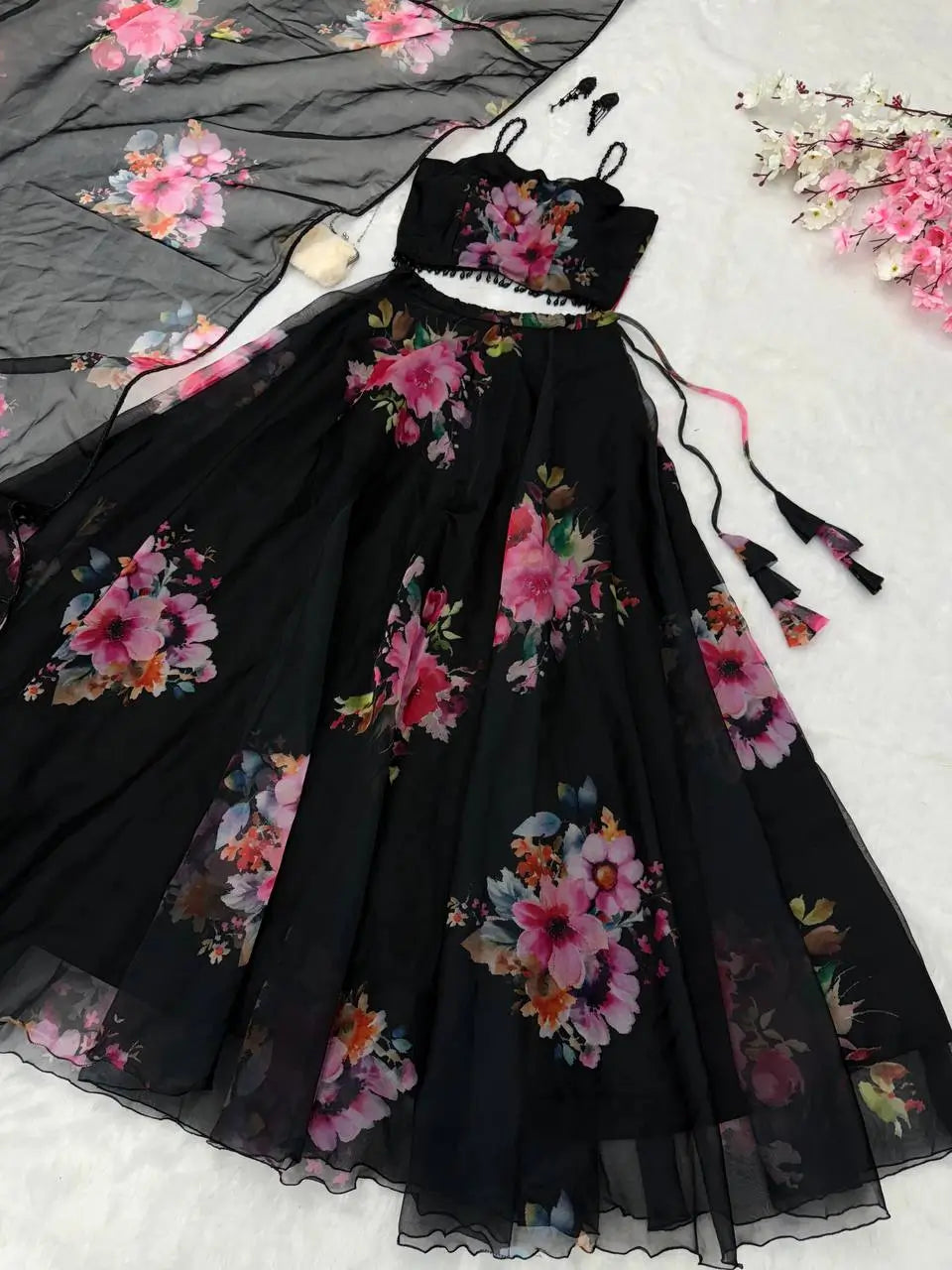 Floral Printed Organza Silk Lehenga Set with Dupatta