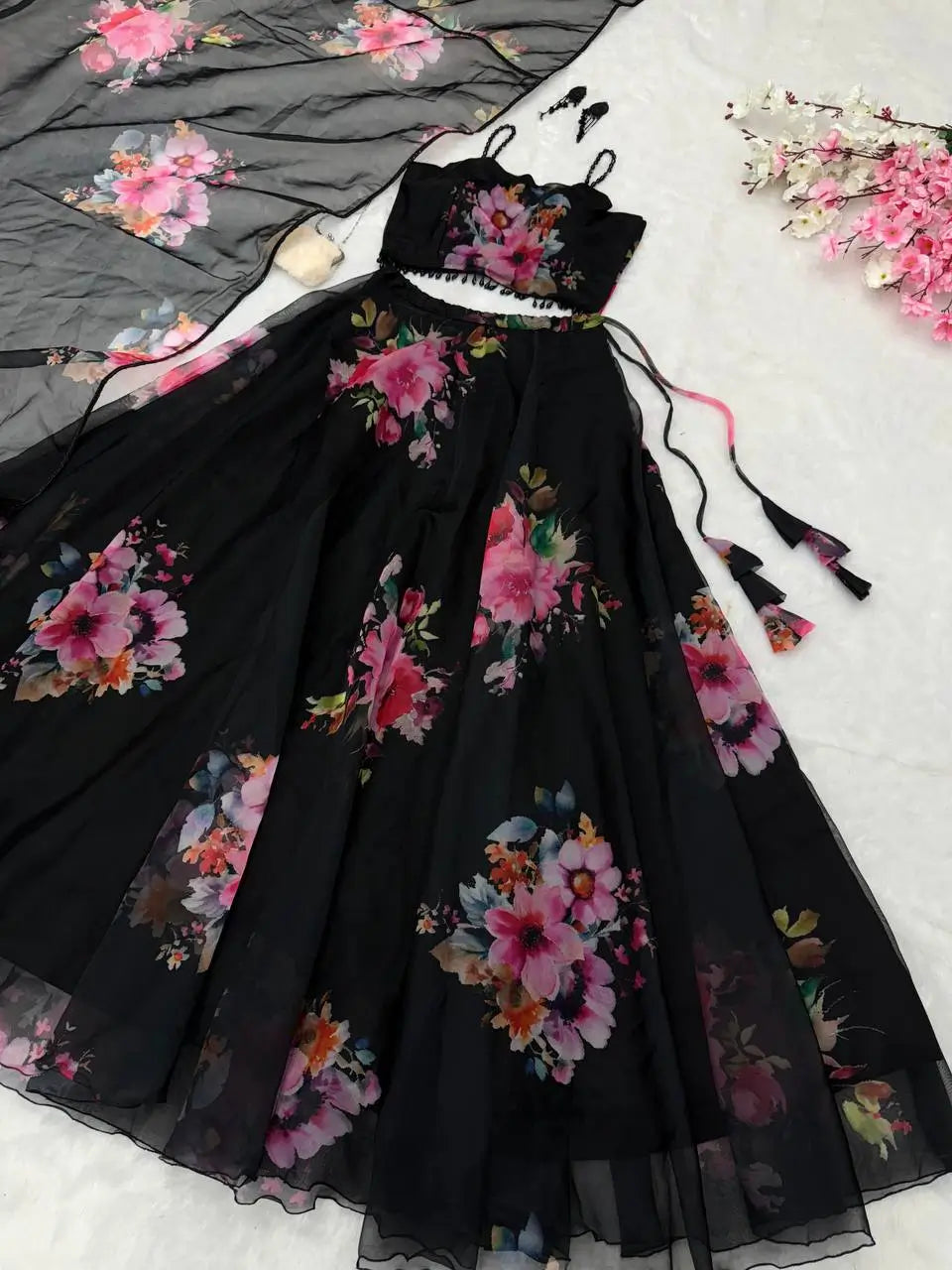 Floral Printed Organza Silk Lehenga Set with Dupatta