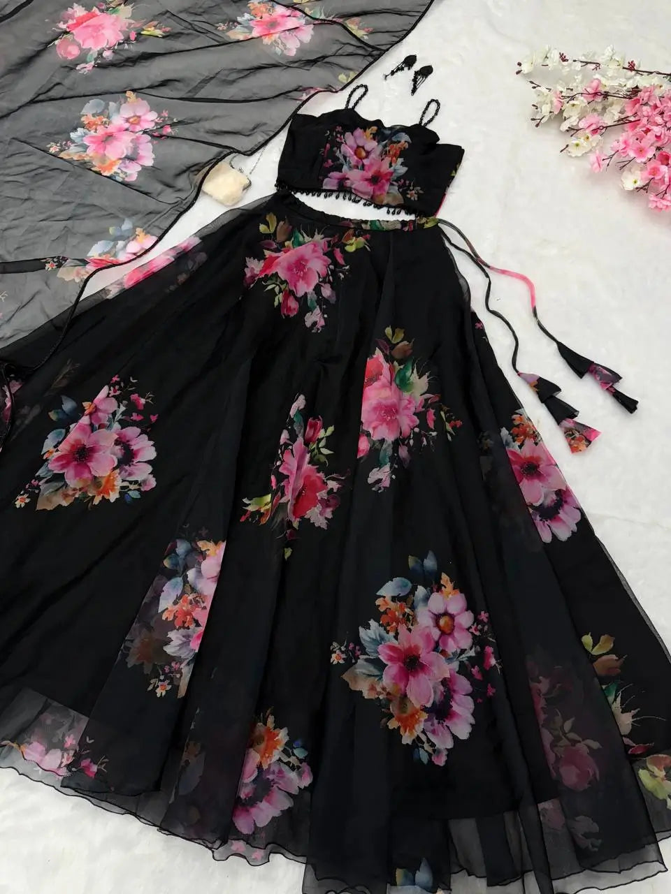 Floral Printed Organza Silk Lehenga Set with Dupatta