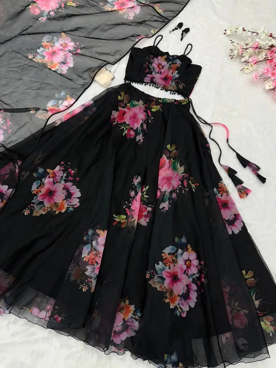 Floral Printed Organza Silk Lehenga Set with Dupatta