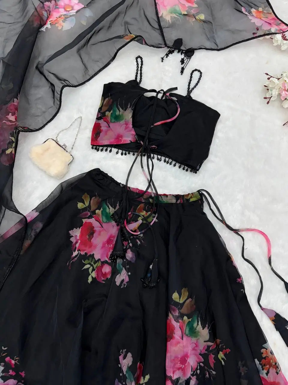 Floral Printed Organza Silk Lehenga Set with Dupatta
