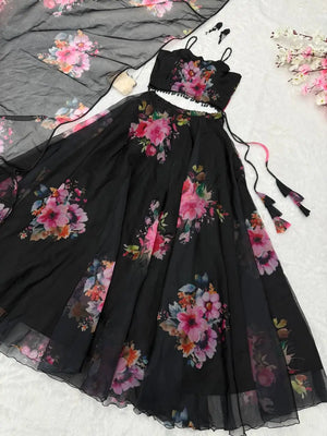 Floral Printed Organza Silk Lehenga Set with Dupatta