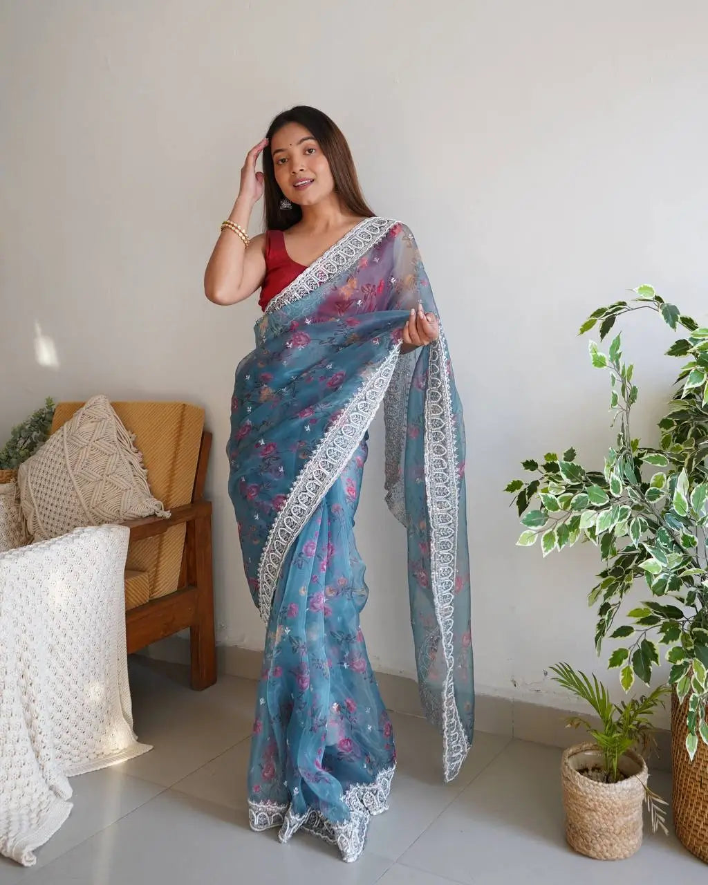Floral Printed Organza Silk Saree With Embroidered Border