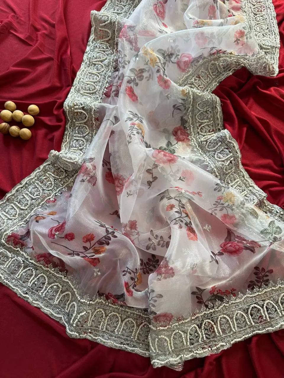 Floral Printed Organza Silk Saree With Embroidered Border