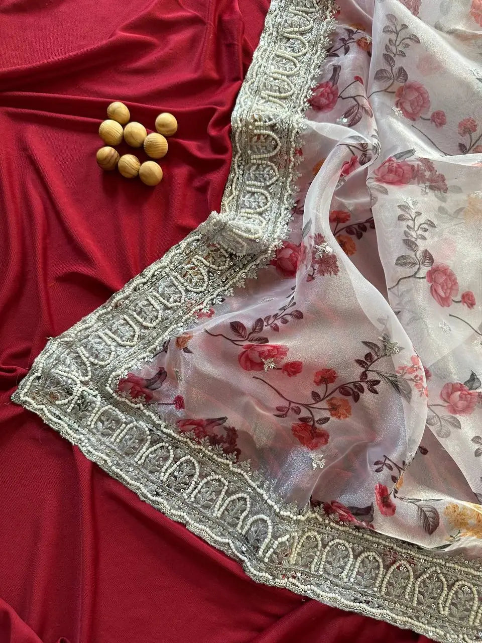 Floral Printed Organza Silk Saree With Embroidered Border