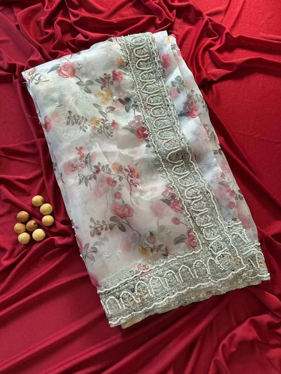 Floral Printed Organza Silk Saree With Embroidered Border