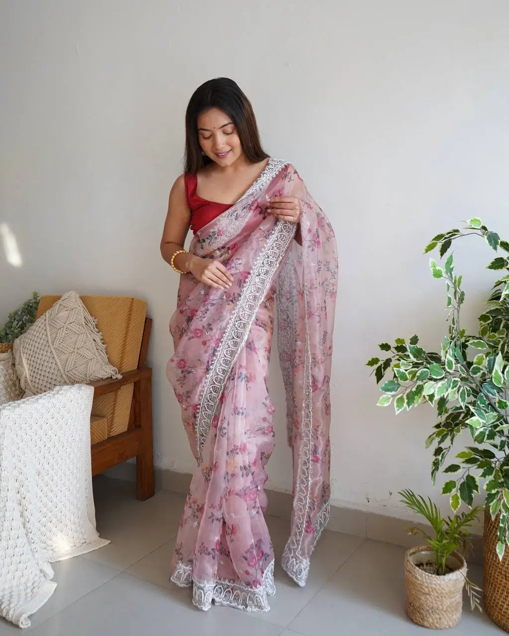 Floral Printed Organza Silk Saree With Embroidered Border