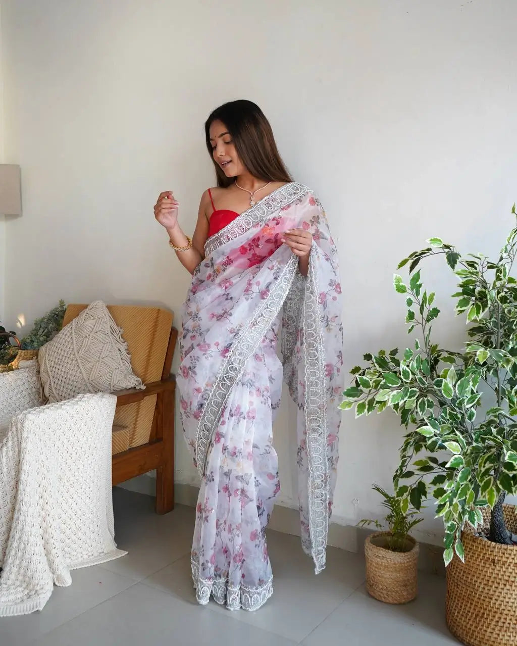 Floral Printed Organza Silk Saree With Embroidered Border