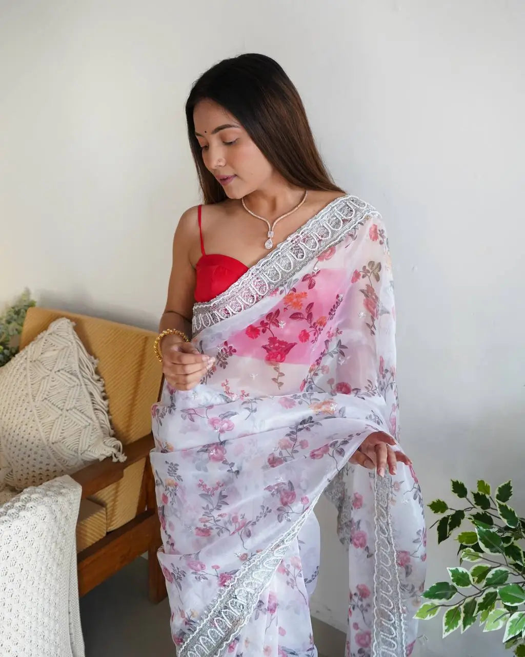 Floral Printed Organza Silk Saree With Embroidered Border