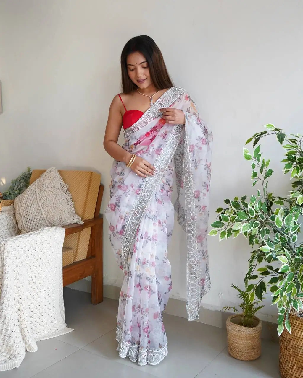Floral Printed Organza Silk Saree With Embroidered Border