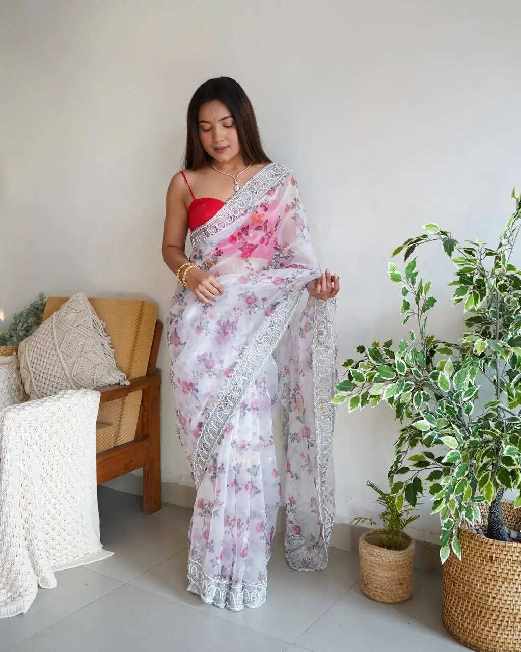 Floral Printed Organza Silk Saree With Embroidered Border