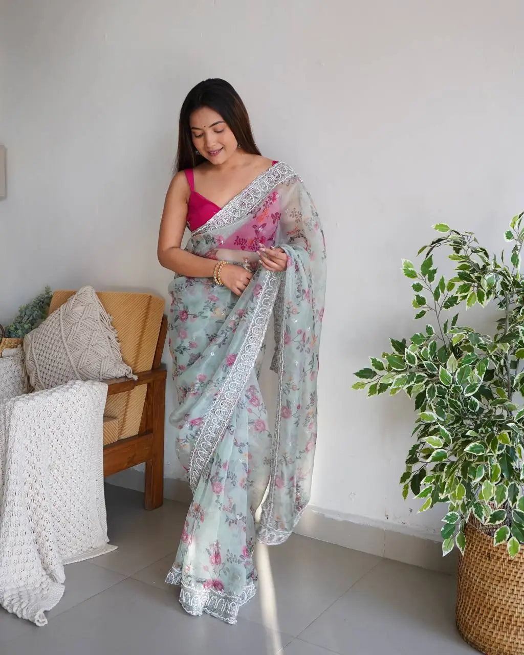 Floral Printed Organza Silk Saree With Embroidered Border